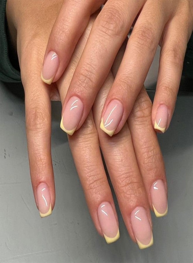Vopintpy Yellow French Tip Press on Nails Short Square Fake Nails Glossy Acrylic Glue on Nails Reusable Full Cover Stick on Nails for Women - Image 1